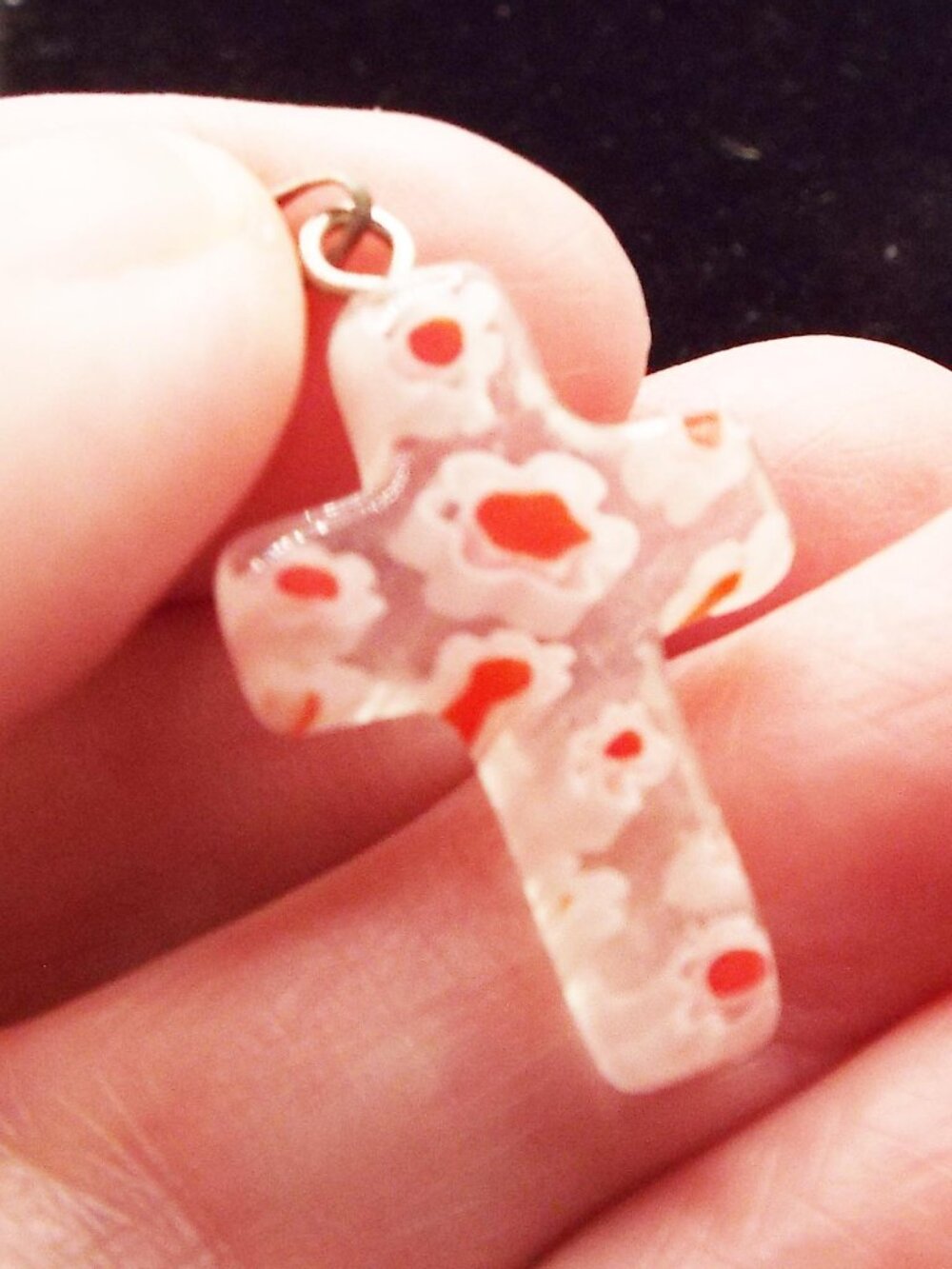 MURANO MILLIFIORE RED, PINK CLEAR ART GLASS HANDMADE LITTLE CROSS PENDANT 11